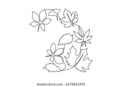 Continuous one line drawing of Autumn Leaves. Single line drawing illustration of Fall leaves. Autumn vibes concept vector art. Doodle line illustration.