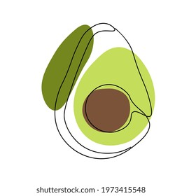 Continuous one line drawing avocado. Vector illustration. Black line art on white background with colorful spots. 