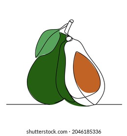 Continuous one line drawing avocado. Vector illustration. Black line art on white background with colorful spots.