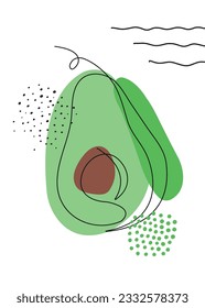 El aguacate continuo del dibujo de una línea. Ilustración vectorial. Arte de línea negra sobre fondo blanco con puntos y elementos coloridos. Afiche del concepto de minimalismo