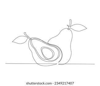 Continuous one line drawing of avocado. A whole and slice avocado fruit outline vector illustration.  