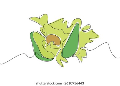 Continuous one line drawing avocado cut into 2 parts and splash juice comes out from the bottom. Healthy nutrition from a slice of avocado. Juice Splash. Single line draw design vector illustration