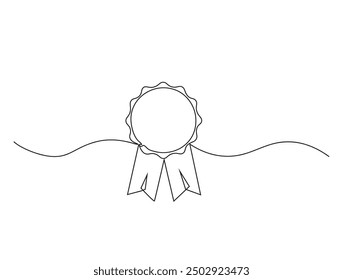 Continuous one line drawing of award badge. Achievement ribbon line art vector illustration. Editable line vector.