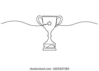 Continuous one line drawing of Award trophy cup. Single line drawing illustration of trophy cup competition. Winner champion concept vector art. Line vector illustration. 
