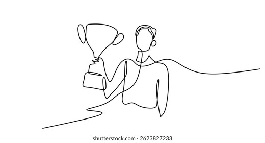 Continuous One Line Drawing Award Winner. Person holding prize success competition minimalist vector art illustration icon.