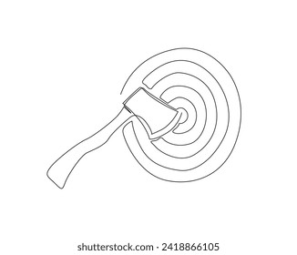 Continuous one line drawing of axe throwed in wood target. Throw axe in target line art vector illustration. Editable stroke. svg