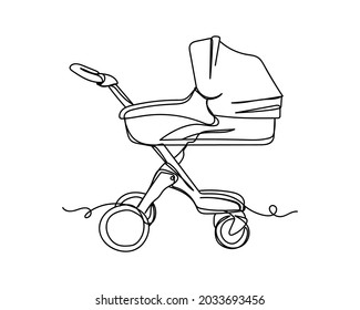 Kontinuierliche Zeichnung einer Linie von Babywagen Symbol in Silhouette auf weißem Hintergrund. Linear stilisiert.