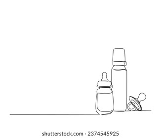 Dibujo continuo de una línea de un pacificador de bebé y una botella de alimentador. Botella de alimentador de bebés y diseño de vector de contorno del pacificador.  Trazo editable.