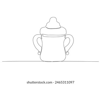 Continuous one line drawing of baby bottle pacifier. One line drawing illustration of baby pacifier. Baby care product concept continuous line art. Editable outline.