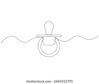 Continuous one line drawing of baby pacifier. One line drawing illustration of baby pacifier. Baby care product concept continuous line art. Editable outline.