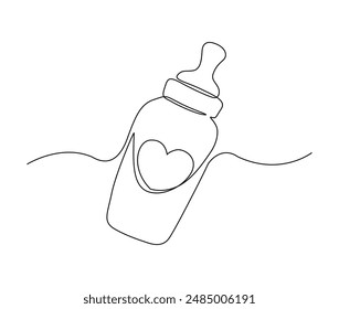 Continuous one line drawing of baby feeding bottle. Baby drink bottle with love outline vector illustration. Editable stroke.