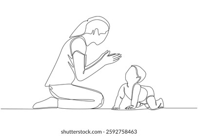 Continuous one line drawing of baby crawling towards happy mother, happy parenting concept, single line art