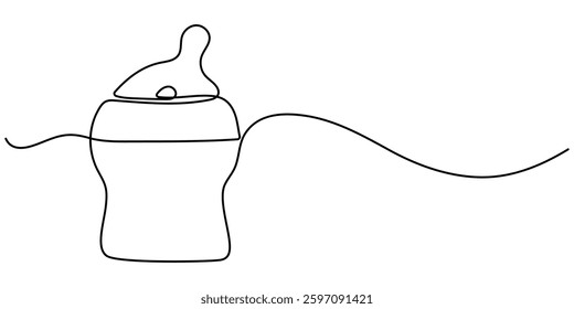 Continuous one line drawing of baby bottle pacifier. One line drawing illustration of baby pacifier. Baby care product concept continuous line art. Editable outline, Baby feeder bottle one continuous.