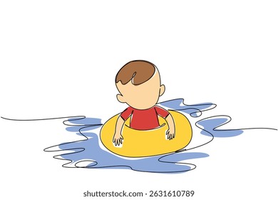 Continuous one line drawing baby boy wearing swimming ring. Fear was replaced by joy after being exposed to water. Floating. National Learn to Swim Day. Single line draw design vector illustration