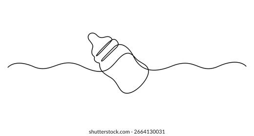 Continuous one line drawing of baby bottle with handle and nipple, minimal single line art outline graphic illustration