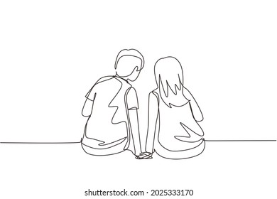 Continuous one line drawing back view people in love sit holding hands and looking at moon and stars. Man and woman enjoying romantic nature together. Single line design vector graphic illustration