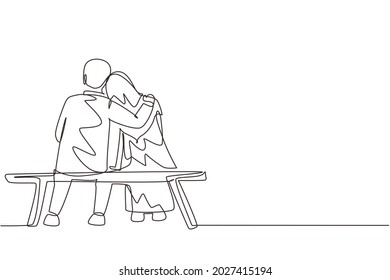 Continuous one line drawing back view romantic Arab couple chatting and hugging while sitting on bench. Couple getting ready for wedding. Engagement and love relation. Single line draw vector graphic