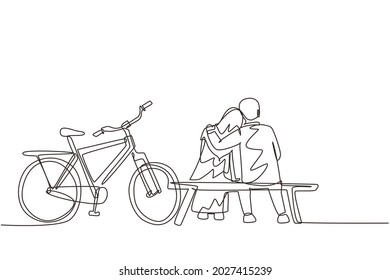 Continuous one line drawing back view romantic Arabian couple chatting while sitting and hugging on bench. Happy cute man woman riding an electric bike. Single line design vector graphic illustration