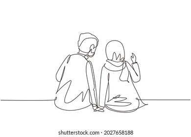 Continuous one line drawing back view people in love sit holding hands and looking at moon and stars. Arab man and woman enjoying romantic nature together. Single line draw design vector illustration