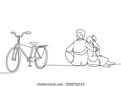 Continuous one line drawing back view of romantic married couple sitting outdoors with bicycle next to them. Happy man and woman in love wearing wedding dress. Single line draw design vector graphic