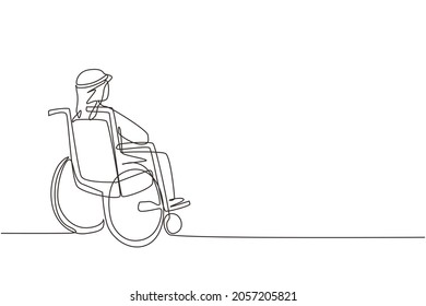 Continuous one line drawing back side of lonely old Arab man sitting on wheelchair, looking at distant dry autumn leaves in outside. Lonely, forlorn, desolate, lonesome. Single line draw design vector