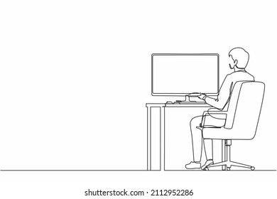 Continuous one line drawing back view businessman works computer  Man sitting chair behind office desk  Business person working monitor screen  Single line design vector graphic illustration