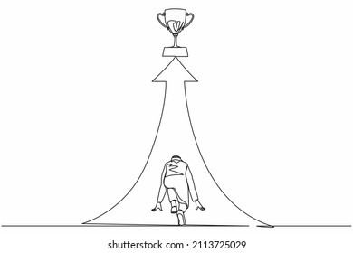 Continuous one line drawing back view Arabic businessman ready to run to trophy at end of route. Vision mission and goal of business. Male run to their goal, motivation. Single line draw design vector