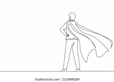 Continuous one line drawing back view confident businessman standing in suit and cape. Successful super hero entrepreneur. Leadership, achievement, and career. Single line draw design vector graphic