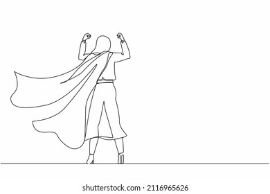 Continuous one line drawing back view super businesswoman. Cute female in strong base and suit. Success and victory in business. Superhero in cloak. Single line draw design vector graphic illustration