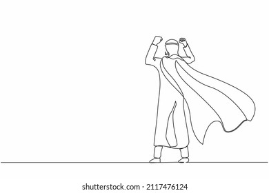 Continuous one line drawing back view super Arabian businessman. Young man in strong base pose. Success and victory in business. Superhero in cloak. Single line draw design vector graphic illustration