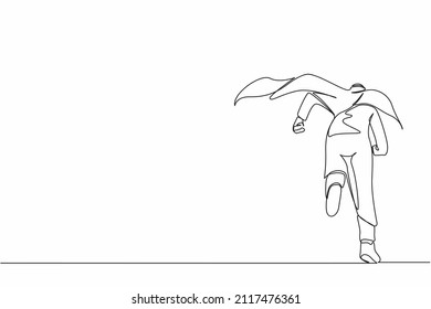 Continuous one line drawing back view businessman superhero running to office. Powerful Arabian businessman enthusiastic with ideas and innovation. Single line draw design vector graphic illustration