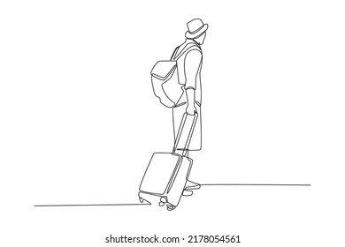 Continuous one line drawing back view of girl traveler walking with carrying hold suitcase in the airport. World tourism day concept. Single line draw design vector graphic illustration.