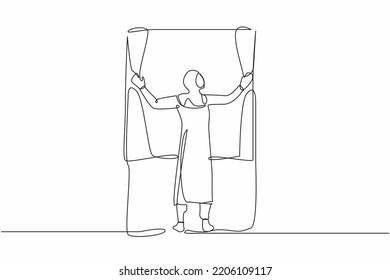 Continuous one line drawing back view of young Arabian woman standing and opening window curtains. Concept of person wake up in morning to get fresh air. Single line design vector graphic illustration