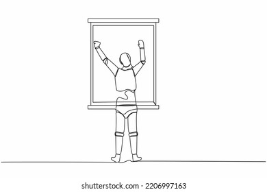 Continuous one line drawing back view relaxed robot stretching arms in window. Good morning concept. Humanoid cybernetic organism. Robotic development. Single line graphic design vector illustration