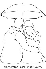 Continuous One Line Drawing Back View Lovers Couple In Rain. Couple In Love Walking Under Rain With Umbrella. Happy Man And Woman Are Walking Along City Street. Single Line Draw Design Vector Graphic