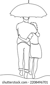 Continuous One Line Drawing Back View Lovers Couple In Rain. Couple In Love Walking Under Rain With Umbrella. Happy Man And Woman Are Walking Along City Street. Single Line Draw Design Vector Graphic