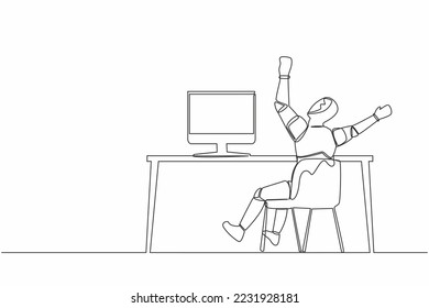 Continuous one line drawing back view of happy robot completed task and triumphing with raised hands on desk. Humanoid cybernetic organism. Future robotic. Single line draw design vector illustration