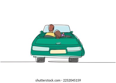 Continuous one line drawing back view loving couple sitting   hugging in convertible car  Man woman getting ready for wedding  Engagement   love relations  Single line draw design vector graphic