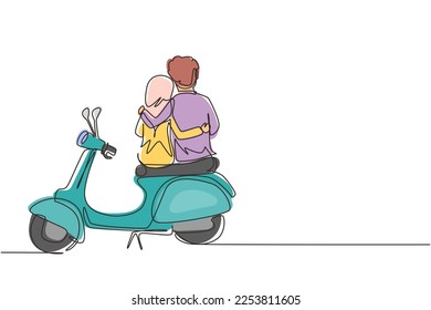 Continuous one line drawing back view Arabic riders couple trip travel relax  Romantic honeymoon moments and hugging  Man and woman riding scooter motorcycle  Single line draw design vector graphic