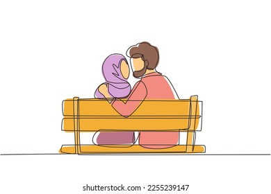 Continuous one line drawing back view Arabian couple kissing sitting on bench in park romantic scenery. Happiness guy and girl relationship in love. Single line draw design vector graphic illustration