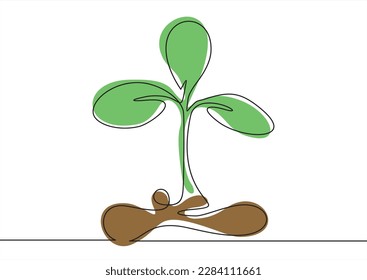 Continuous one line drawing of back to nature theme with plant. Concept of growing and love earth.	
