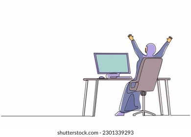 Continuous one line drawing back view happy Arab woman completed task and triumphing with raised hands on her workplace. Successful well done work. Single line draw design vector graphic illustration