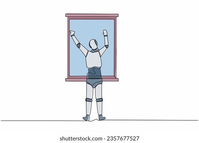 Continuous one line drawing back view relaxed robot stretching arms in window. Good morning concept. Humanoid cybernetic organism. Robotic development. Single line graphic design vector illustration