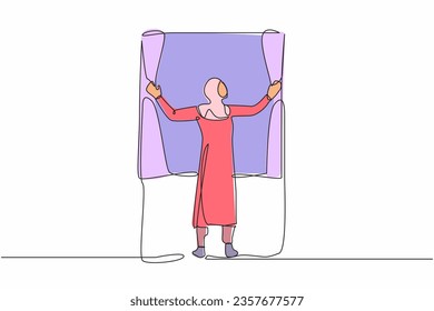 Continuous one line drawing back view of young Arabian woman standing and opening window curtains. Concept of person wake up in morning to get fresh air. Single line design vector graphic illustration