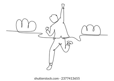 Continuous one line drawing back view of young happy business man punching fist into the air and jumping over cloud. Business success celebration. Single line draw design vector graphic illustration