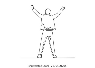 Continuous one line drawing back view young happy business man standing and fist his hands to the air to celebrate success. Business deal concept. Single line draw design vector graphic illustration