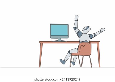 Continuous one line drawing back view of happy robot completed task and triumphing with raised hands on desk. Humanoid cybernetic organism. Future robotic. Single line draw design vector illustration