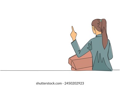 Continuous one line drawing from back view young businesswoman speak at podium while lifting index finger. Businesswoman in Conference Hall present new business. Single line draw vector illustration