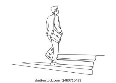 Continuous one line drawing back view of young male manager walking relax on city street to go to the office while holding document. Urban commuter worker. Single line draw design vector illustration