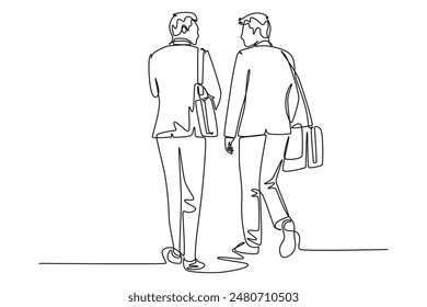 Continuous one line drawing back view of young happy business men talking to his colleagues when walking approaching office. Business conversation. Single line draw design vector graphic illustration